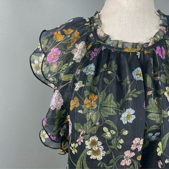 Loft Floral Ruffle Blouse with Gold Threading Size M - Picture 2 of 7
